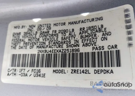 2010 Toyota Corolla Le из США, поврежденный, VIN 1NXBU4EEXAZ251896